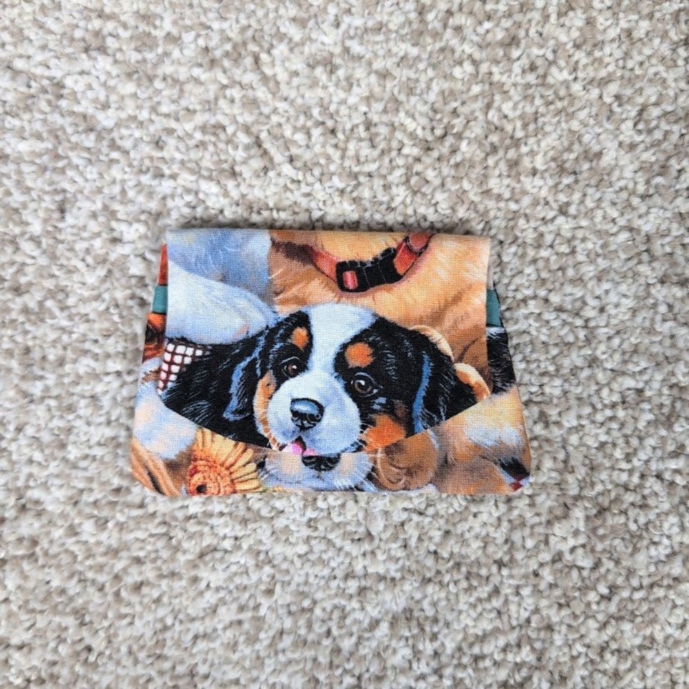 Pocket Wallet Dogs‎ Puppies Print Marine Blue Fabric Card Holder Cute Handmade